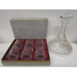 A set of six Whitefriars Pinner cut pattern ship's whisky decanter and stopper, matching tumblers,