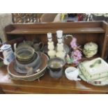 Silver plated items, onyx table lamps, mixed vintage ceramics and a Moga ornamental display of a