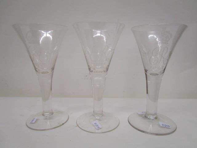 A group of three Whitefriars engraved goblets commemorating Edward VIII 1937 Coronation, engraved