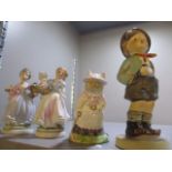 A Royal Doulton china model of Old Mrs Eyebright and a Hummel figure, together with 2 others