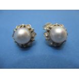 A pair of white and yellow gold coloured metal earrings, set with a central pearl and six