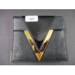 A Versus Versace leather clutch bag in black with a gold coloured metallic leather 'V' to the front