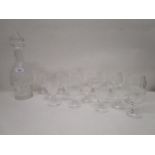 Waterford Colleen pattern glass, a set of six Champagne flutes, 6"high, decanter and stopper,