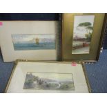 Three watercolours to include a landscape depicting sailing boats, indistinctly signed to lower