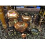 Two Victorian cooper tea urns together with a quantity of metal ware