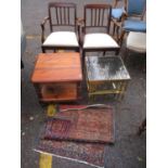 A mixed lot to include two mahogany dining chairs, nest of tables, a pine table and a Middle Eastern