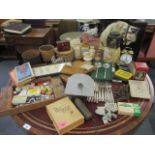 A vintage lot to include viners spoons, stoneware pots, keys, sewing related items, a paper