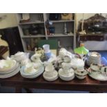 Three Royal Worcester cornucopia dishes, mixed teasets and ceramics, a Toby wood teapot and a