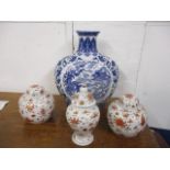 Modern Oriental ceramics to include a blue and white vase decorated with a dragon and cockerel 18"h,