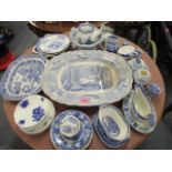 A mixed selection of Victorian and later blue and white ceramics to include a turkey dish