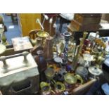 A large selection of metalware to include brass vases, two Shisha towers, coal scuttle and other