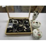 A selection of jewellery and dressing table items to include a white metal framed magnifying lens,