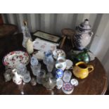 A mixed lot to include a Wedgwood Jasper Ware jug, a West German vase, watercolours, a tribal mask