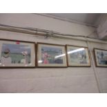 Four modern needlepoints depicting sporting scenes, mounted and framed