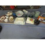 A mixed lot of ceramics, drinking glasses, horse brasses, an old suitcase, Royal Crown tennis