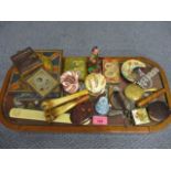A 19th century bead work display stand and a quantity of 19th century ornaments and tins to