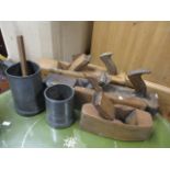 Woodworking tools to include four planes, a scriber and two pewter tankards