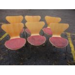 A set of six Fritz Hansen Danish laminated beech series 7 stacking chairs with upholstered seats