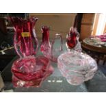 Four pieces of Czechoslovakian 1960's art glass vases and a bowl, a glass basket and a pot and cover