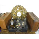 A mixed lot to include a clock, suitcases and Oriental panels