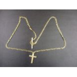 A yellow metal flat chain necklace with a T-bar and cross pendant 11.6g