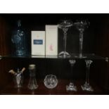 Glassware to include two Louise Kennedy glasses, a pair of Tiffany candlesticks, Caithness,