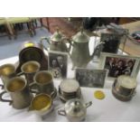 Mixed silver plate, photograph frames and a small mahogany mantle clock