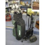 Golfing items to include Ping golf clubs, a bag and caddy