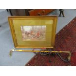 A late 19th/20th century whip and a hunting scene print