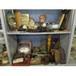 A mixed lot of wooden items, Oriental stands, boxes, metalware, ethnographia and a brass horn