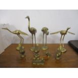 Brass model birds and animals to include a pair of cranes, a pair of bird tea light holders, a