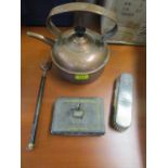 A silver engine turned dressing table brush, toasting fork, cigarette box and an Edwardian kettle