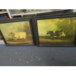 Two prints after paintings of bulls in the naive style, in ebonized frames 18 1/4" x 24"