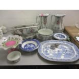 Ceramics to include two wash sets, platters, a pair of silver rimmed salts and other items