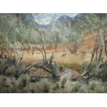 William Bird '75 - Kangaroos and Kookaburras in the Australian Outback, oil on board, signed with