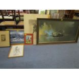 A selection of prints and paintings to include a Barrie A F Clark print of a Spitfire, an Indian