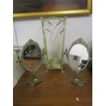 A pair of modern brass swing pedestal mirrors and a cream painted metal stick stand