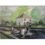 P C Howat - 'Whitchurch Lock', watercolour, signed lower left corner, 6 5/8" x 9 1/8", mounted in