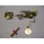 A 9ct gold and simulated coral cross, a 9ct gold St Christopher on chain and other costume jewellery