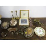 A mixed lot of silver plate, silver condiments, two 19th century plates, entree dishes and other