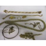 A 9ct gold necklace, a 9ct gold bracelet, a silver bangle and mixed yellow metal chains (total