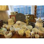 Commemorative mugs, mixed china, a pewter pictorial plate and other items