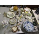 Mixed china and glassware to include Oriental plates, teapots, dressing table jars, Gossware and