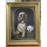 After Edwin Landseer - a late 19th century study of two dogs in a kennel, oil on board, 20" x 15",