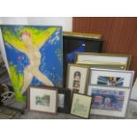 Mixed pictures to include an oil on canvas depicting a nude female entitled A Summer Dance, a signed