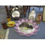 A mixed lot to include mirrors, ceramics, a Troika style lamp, jugs and other items