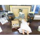 A mixed lot to include a pair of vases, a doll, a Japanese watercolour and four porcelain pin dolls