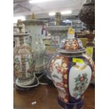 Three Oriental ceramic table lamps, together with a Japanese jar 14"h