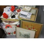 A mixed lot to include mixed pictures, tapestries, playing cards, lace, Limoges dishes and other