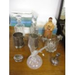 A mixed lot to include Christmas plates, decanters, two silver plated tankards and other items